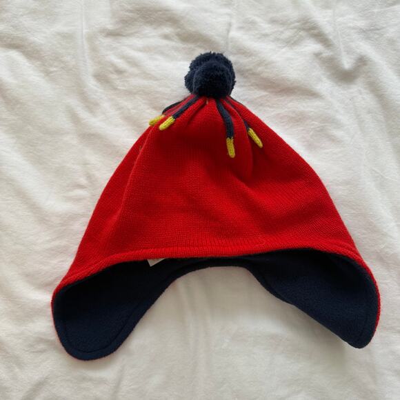 Mini Boden Knit Winter Hat Gender Neutral Red Yellow Navy Blue Puff Ball Size S - Picture 1 of 4
